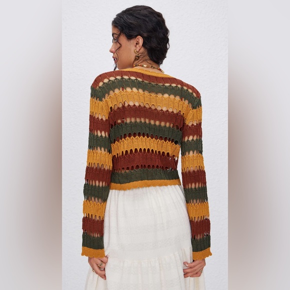 Cider Knit V-Neck Striped Knotted Crochet Boho Flare Sleeve Cardigan Sweater XL - Picture 3 of 15